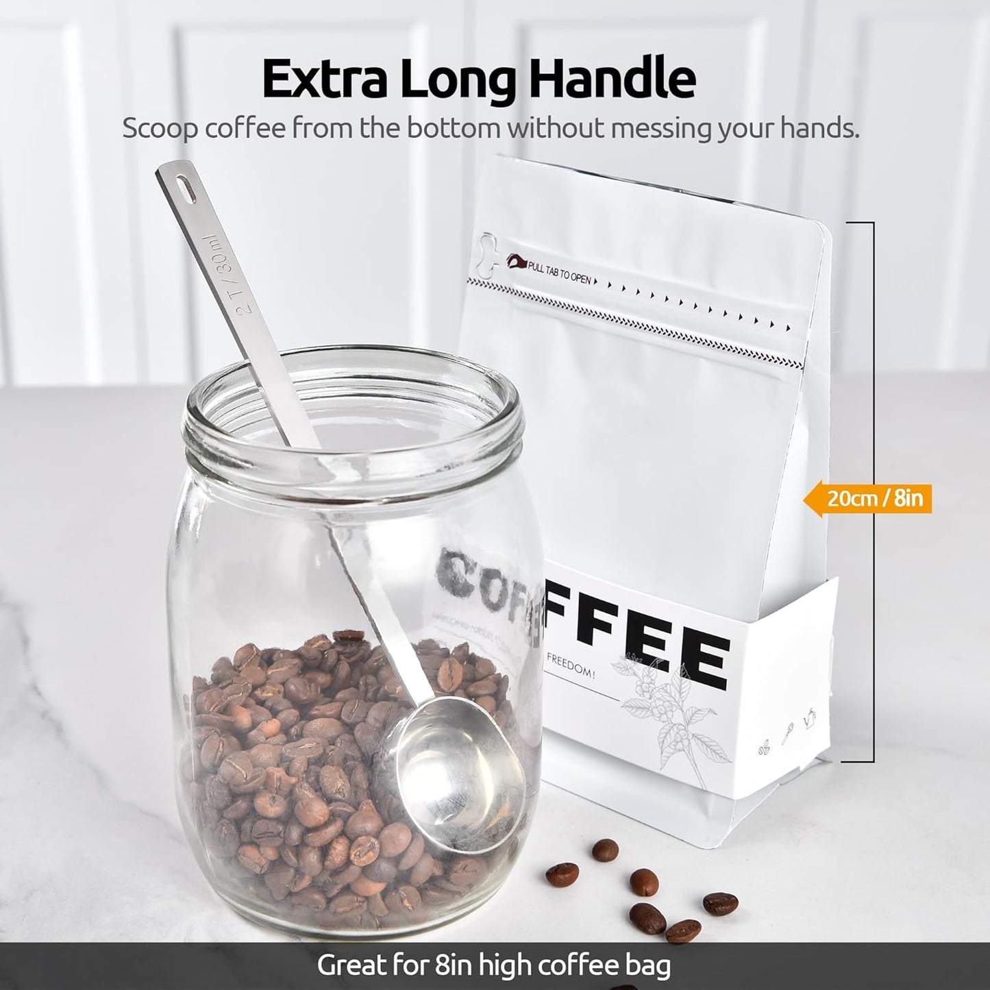 U-Taste Coffee Scoop 1&2 Tablespoon: 18/8 Stainless Steel Measuring Scooper for Ground Coffee, Bean, Powder, Espresso, 6.9in Long Handle Metal Meaure Spoon for Canister, Jar(1&2Tbsp/15&30ml, Silver)
