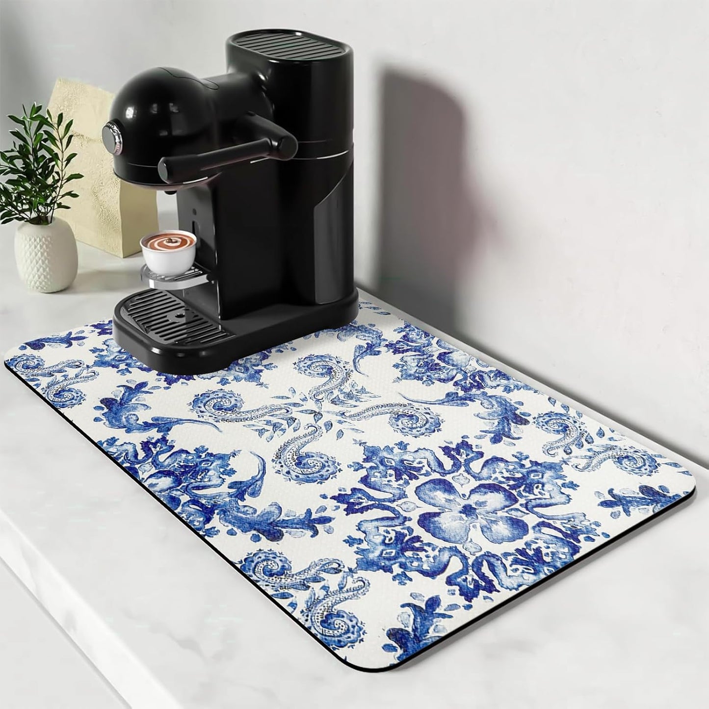 Bloss Dish Drying Mat, Multiple Usage Coffee Bar Mat, Kitchen Counter Mats, Absorbent Hide Stain Rubber Backed Dish Drying Pad(16.1"x24.1", Ink Cyan Flower)