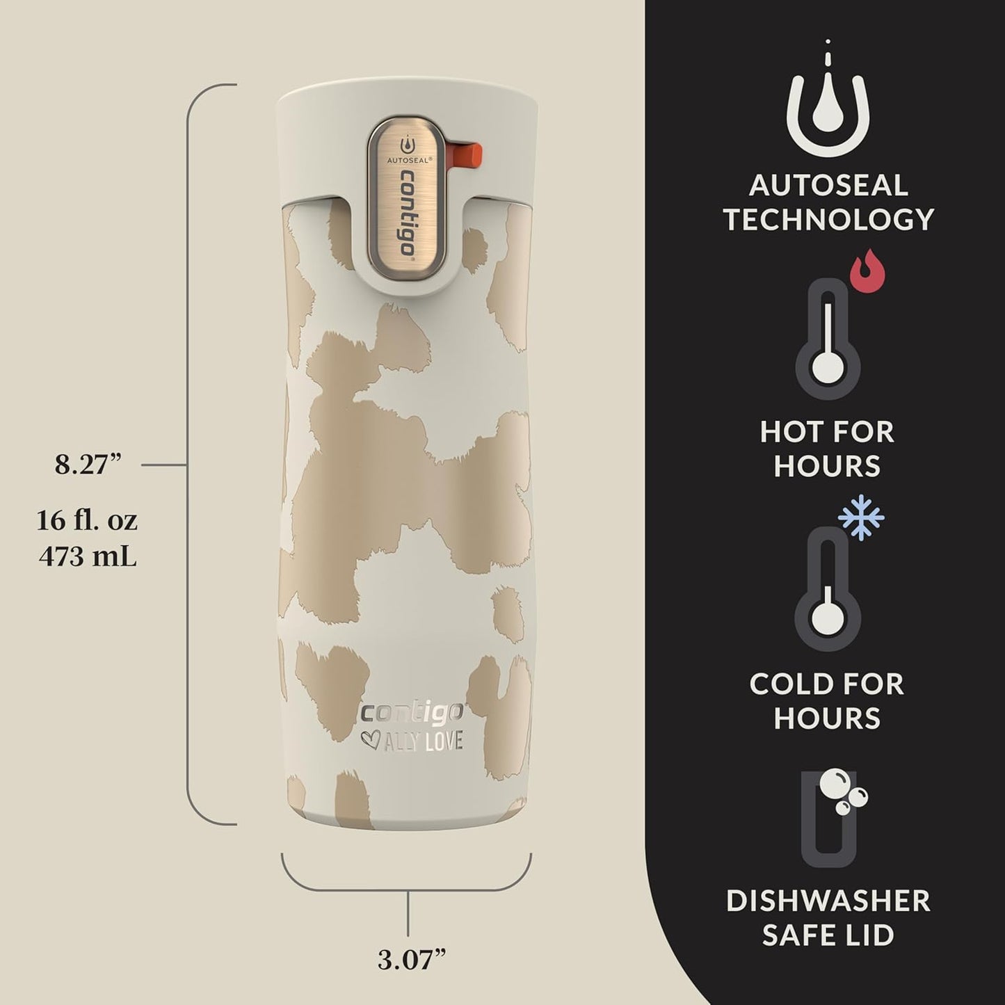 Contigo x Ally Love Stainless Steel Vacuum-Insulated Travel Mug with Autoseal and Easy Clean Lid, Spill-proof, Keeps Drinks cold 24 hrs & hot for 11 hrs, BPA Free, 16oz., West Loop 3.0, Oatmilk