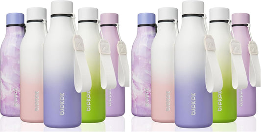BJPKPK Insulated Water Bottles, 18 oz Stainless Steel Metal Water Bottle with Strap, BPA Free Leak Proof Thermos, Mugs, Flasks, Reusable Water Bottle for Sports & Travel, Lilac Elegance (Pack of 2)