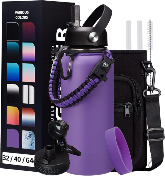 32 oz Water Bottles with Straw & Spout Lid, Paracord Handle & Strap, Double Wall Insulated Flask Water Bottle, Reusable Wide Mouth Gym Water Bottles for Women and Men for Fitness Sports