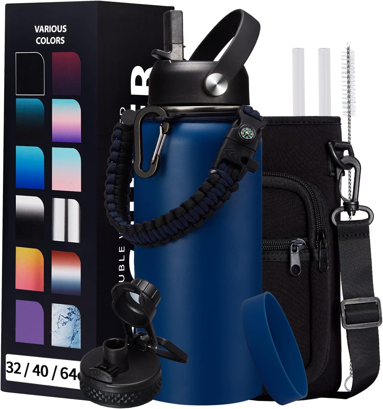 Stainless Steel Water Bottles 32oz - with Paracord Handle, Straw/Spout Lid, Carrying Case & Protective Boot, Leak Proof Double Wall Vacuum Insulated Bottle Keep Cold 48H & Hot 24H