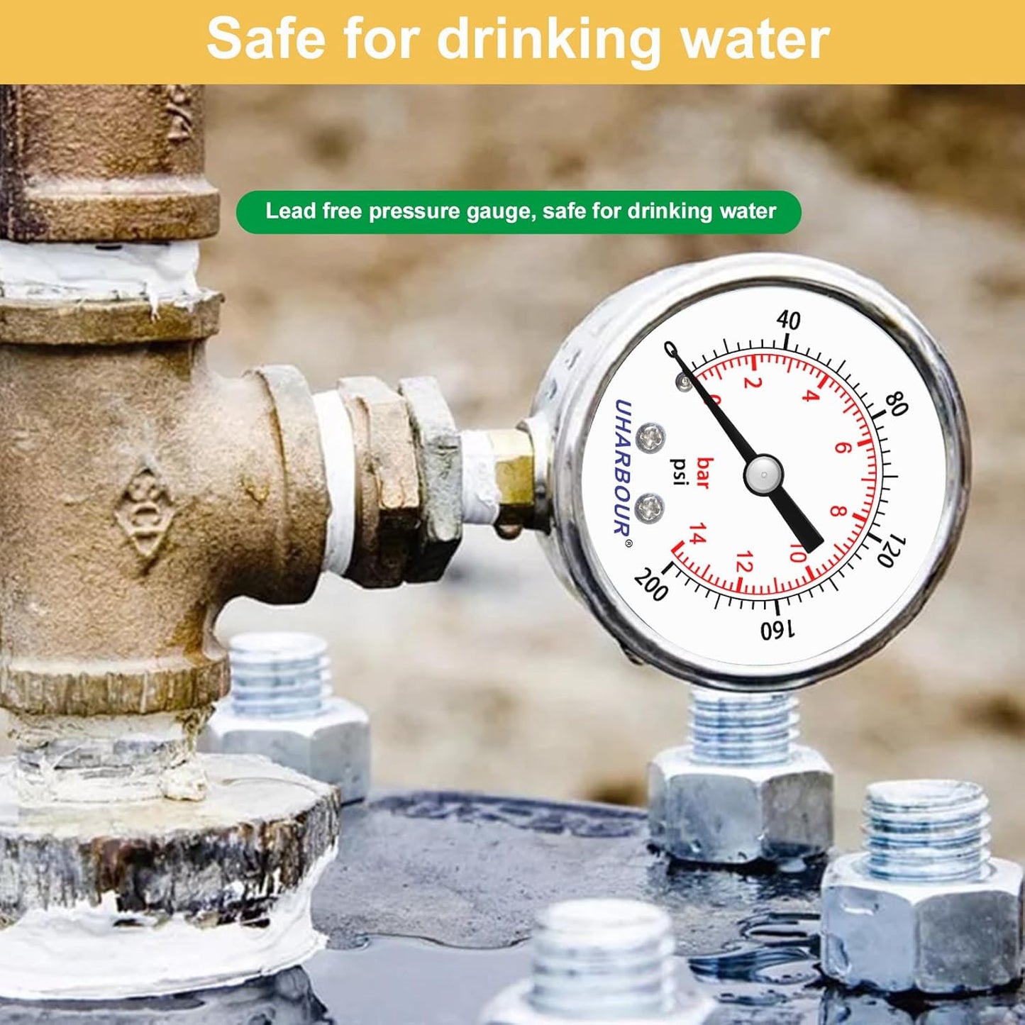 Lead-Free Pressure Gauge 1/4 NPT 0-200 Psi 2" Dial Stainless Steel Case, 1/4 NPT Lower Mount Pressure Gauge