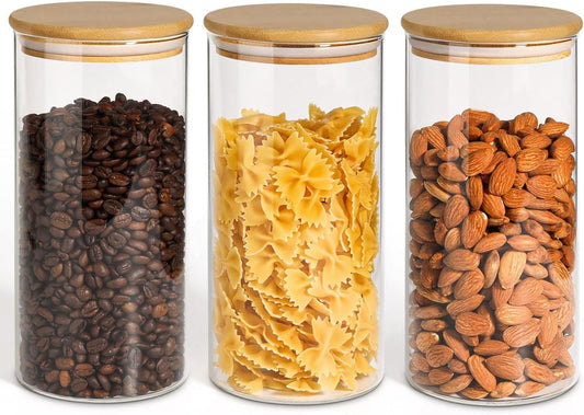 ComSaf Airtight Glass Storage Canister with Wood Lid(1.5 Qt), Set of 3 Glass Jars with Lids, Clear Food Storage Container Jar with Sealing Lids for Dry Food Cereal Oat Sugar Tea Coffee Beans, Round