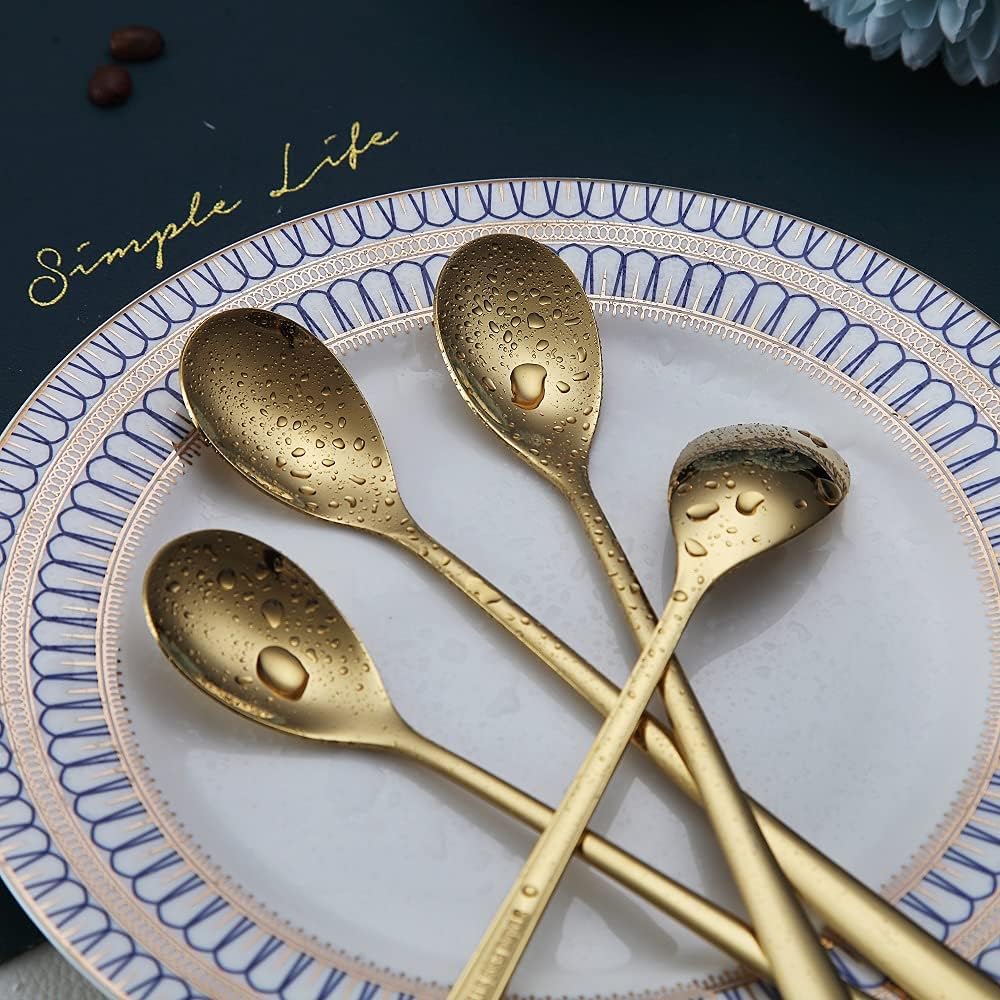 Gold Long Handle Coffee Spoons, Premium Stainless Steel Stirrers for Ice Tea, Ice Cream, Cocktails - Set of 6