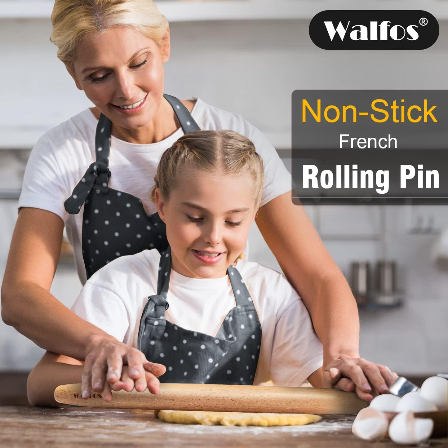WALFOS French Rolling Pin for Baking, 17 Inch Natural Beech Wood Rolling Pins, Kitchen Dough Roller for Fondant, Pizza, Pie, Cookie and Pastry