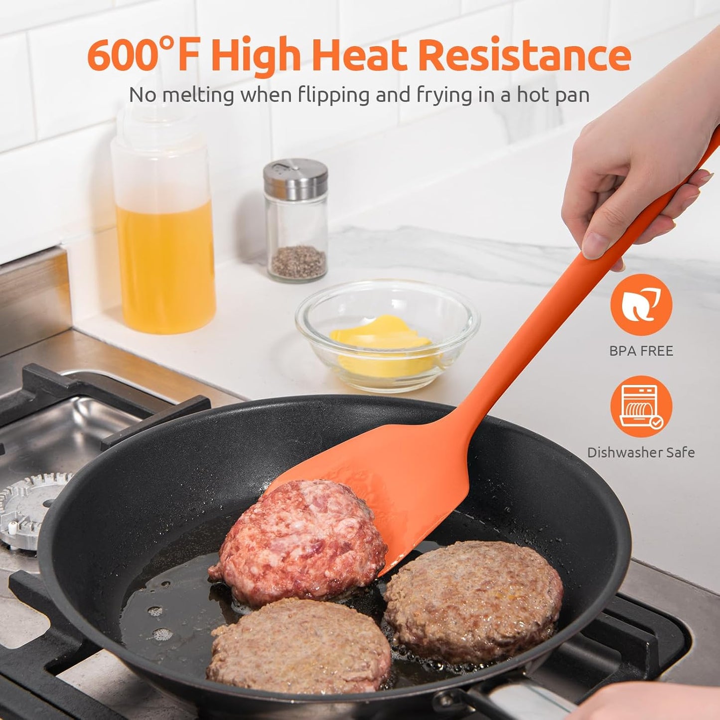 600ºF Heat Resistant Silicone Turner: U-Taste 13.6in Solid Kitchen Spatula Flipper, Food Grade Flexible & Thin Rubber Seamless Cooking Utensil for Flipping Egg, Pancake in Nonstick Cookware (Orange)