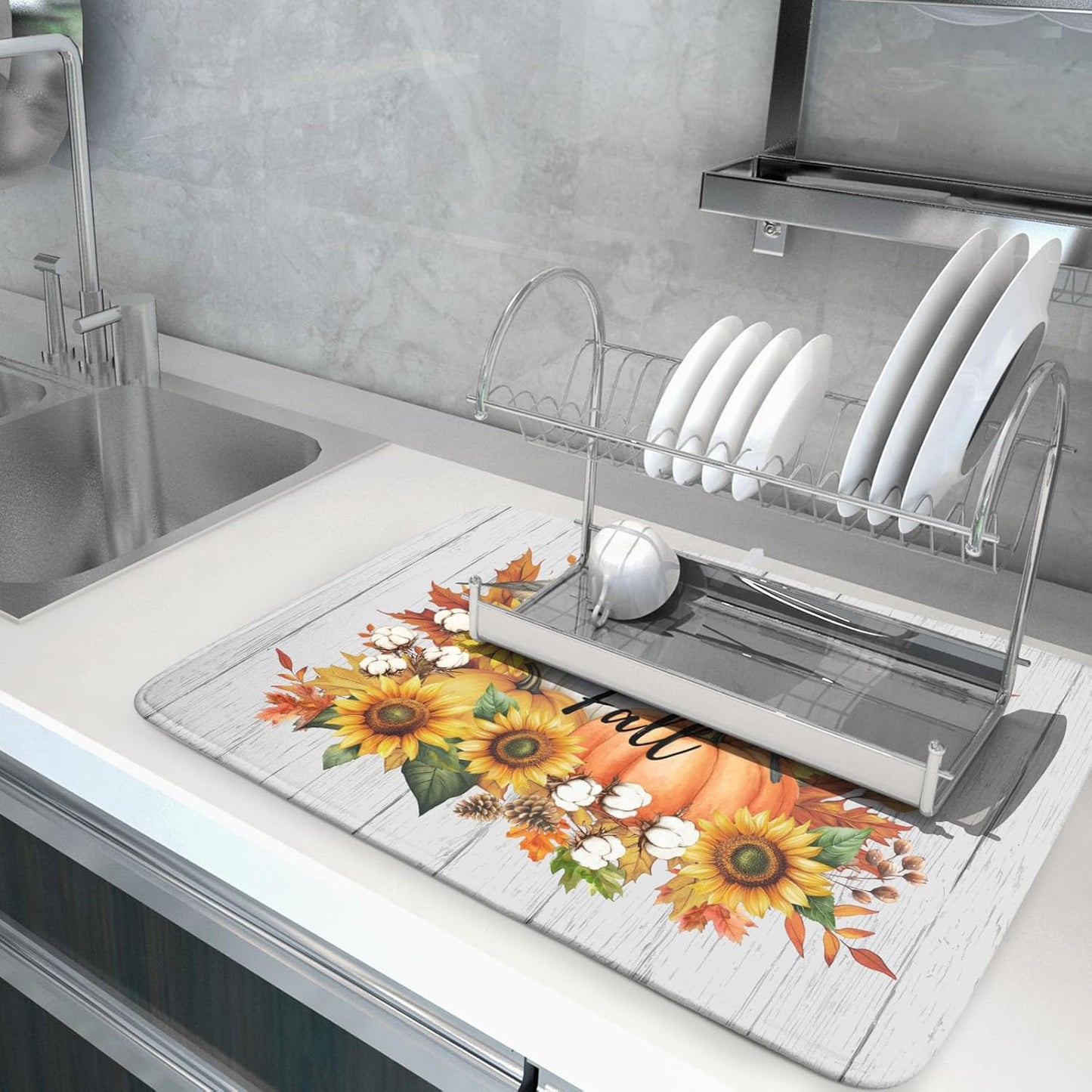Hello Fall Sunflowers Dish Drying Mat for Kitchen Counter,Autumn Pumpkin Maple Leaves Drying Mat 18 x 24 Inch with High Absorbent Microfiber Dish Drying Drainer Mat for Coffee Bar