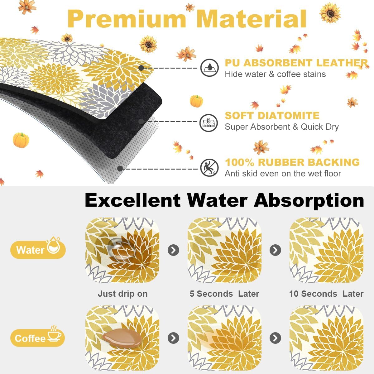 Findosom 2PCS 16" x 24" Fall Dish Drying Mat & 24" x 5.5" Sink Splash Guard, Super Absorbent & Cuttable Dish Mat Drying Kitchen Mat with Yellow Floral, Hide Stain Drying Mat for Kitchen Counter