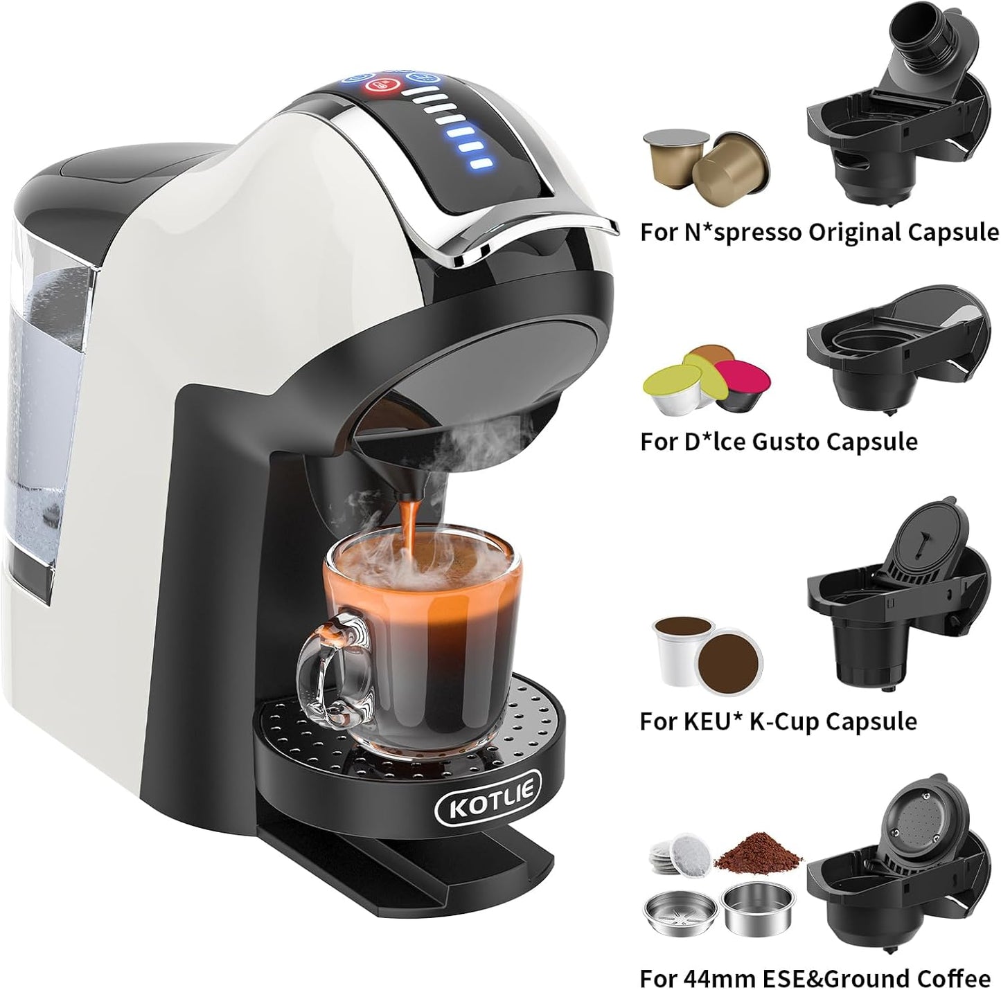 KOTLIE Hot&Cold brewing Single Serve Coffee Maker for K*eurig K*cup, Small Espresso Coffee Machine for D*olce G*usto/N*es Original/Ground Coffee/44mm ESE,Adjustable TEMP&Water Volume, 1L Water Tank