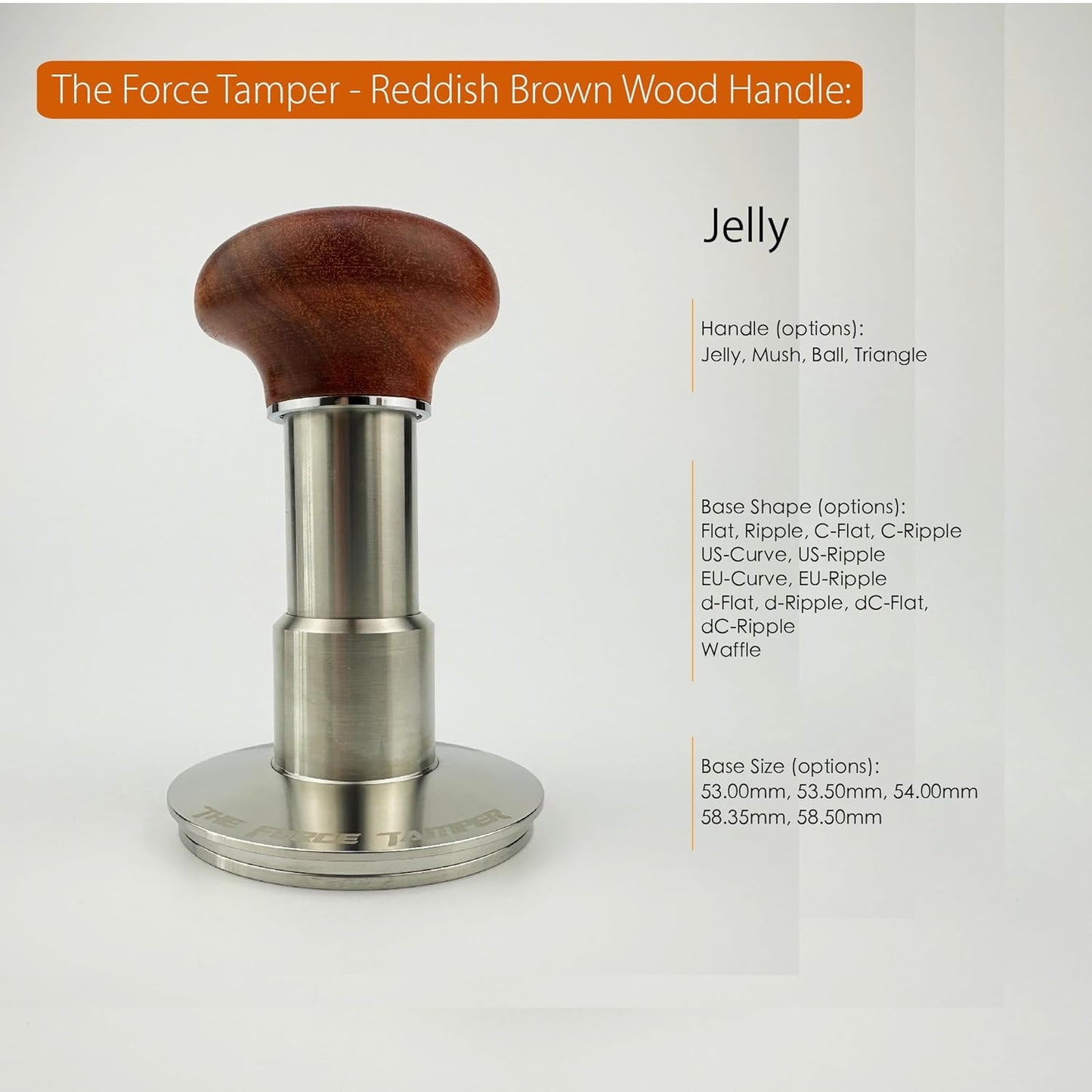 The Force Tamper Automatic Impact Adjustable Constant Pressure and Autoleveling Coffee Tamper Reddish Brown Jellyfish Wooden Handle Set Pro (Duo-Distribute Set, 53.50mm)
