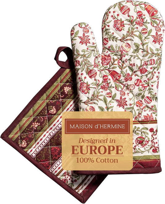 Maison d' Hermine 100% Cotton Oven Mitt & Pot Holder Set (7.5"x13" & 8"x8") Heat Resistant BBQ Cooking Gloves with Loop, Baking, Grilling, Kitchen, Handling Hot Pans (Reveillon Au Jardin)