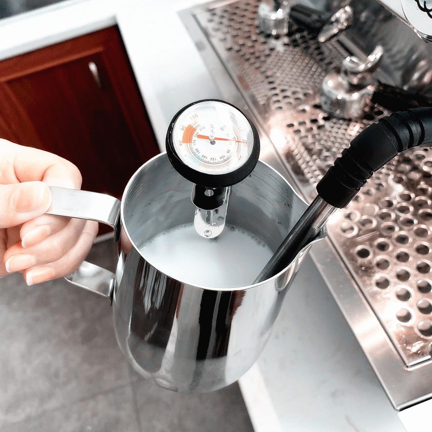 Milk Frothing Pitcher for Coffee, Barista Steaming Jug (21 Ounces with Thermometer Pen)