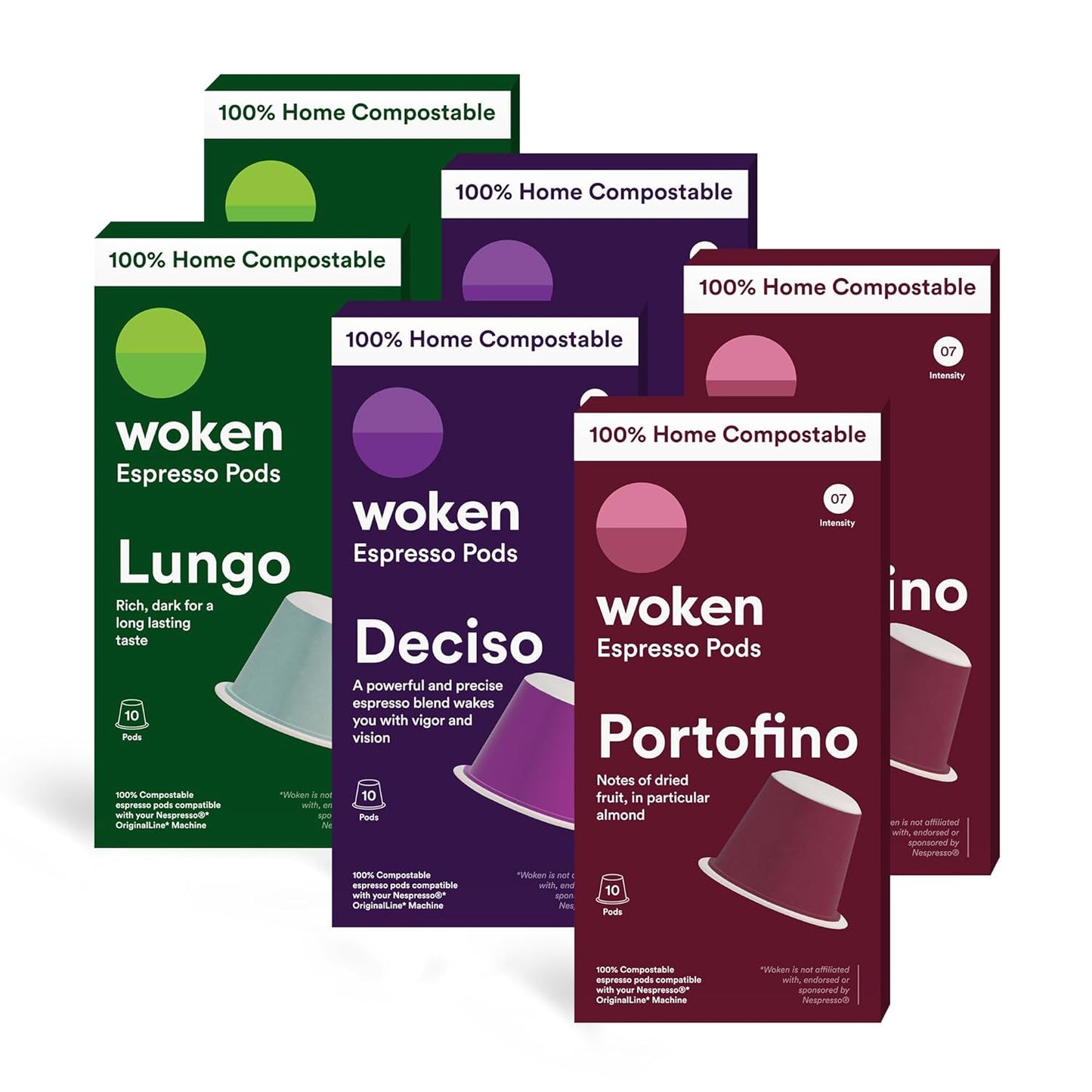 WOKEN COFFEE Compostable Nespresso Pods Variety Pack - Dark and Medium Roast Italian Espresso - Compostable Coffee Pods Compatible with Nespresso Machine (60 Pod Count, 6 Boxes)