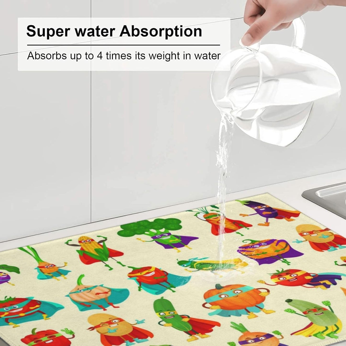 Colorful Cartoon Vegetable Dish Drying Mats, 18 x 24 inch Absorbent Microfiber Decorative Kitchen Counter Mats, Polyester, Washable, Absorption, Foldable, for Sink, Dishes Utensils, Small Appliances