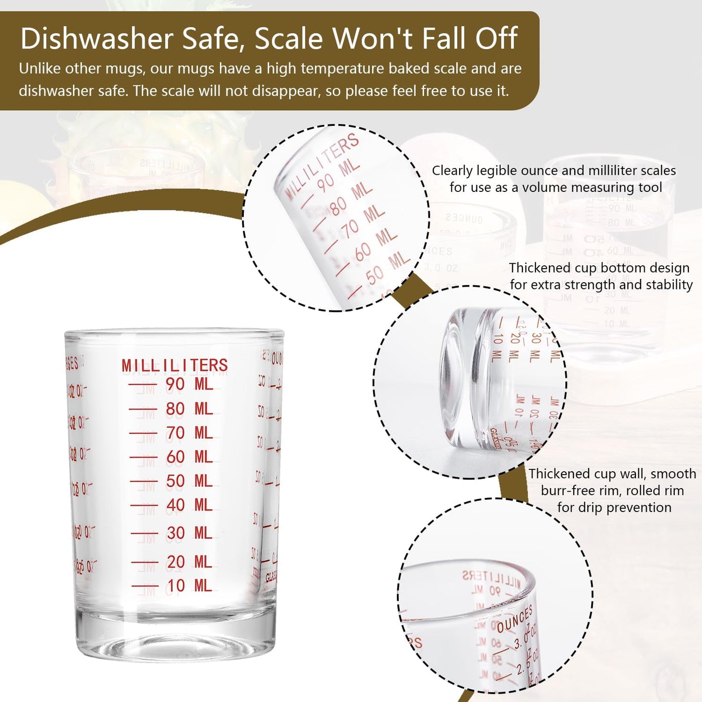 2 Pack Shot Glass Measuring Cup Set,3 oz/90 ML Liquid Heavy High Espresso Glass Cup,Dishwasher Safe,Measurement of Dry and Liquid Ingredients(Red Line)