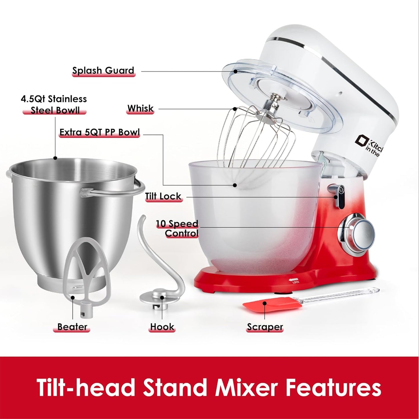 Kitchen in the box Stand Mixer, 5QT + 4.5QT Two bowls Electric Food Mixer, 10 Speeds Kitchen Mixer for Daily Use with Egg Whisk,Dough Hook,Flat Beater (Gradient Red, 5QT)