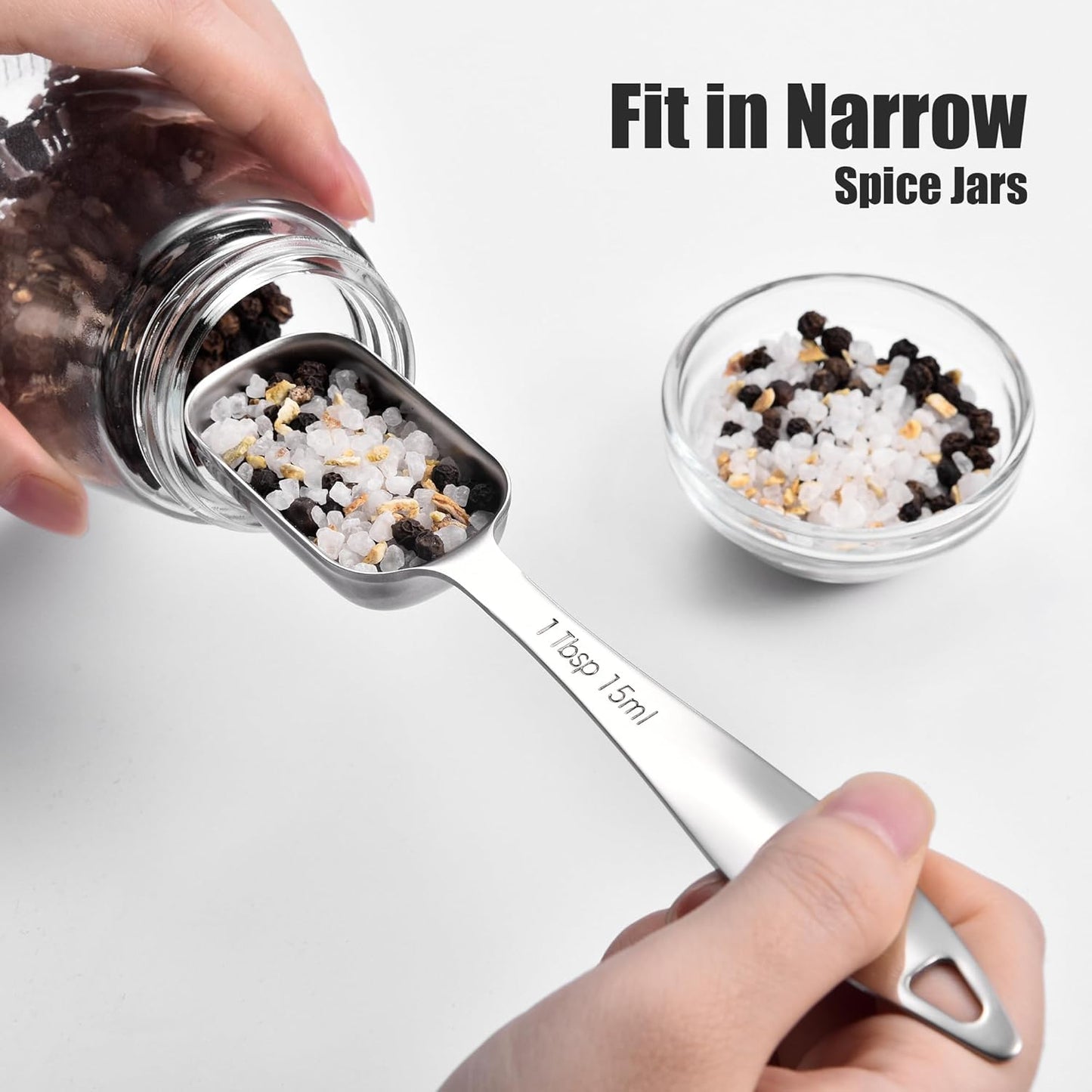 18/8 Stainless Steel Measuring Spoons: Doosu Heavy Duty Rectangular Spoon Square Teaspoon Tablespoon Scoop with Slim Long Handle in Narrow Spice Jar for Kitchen Baking Cooking (Set of 6 with Leveler)