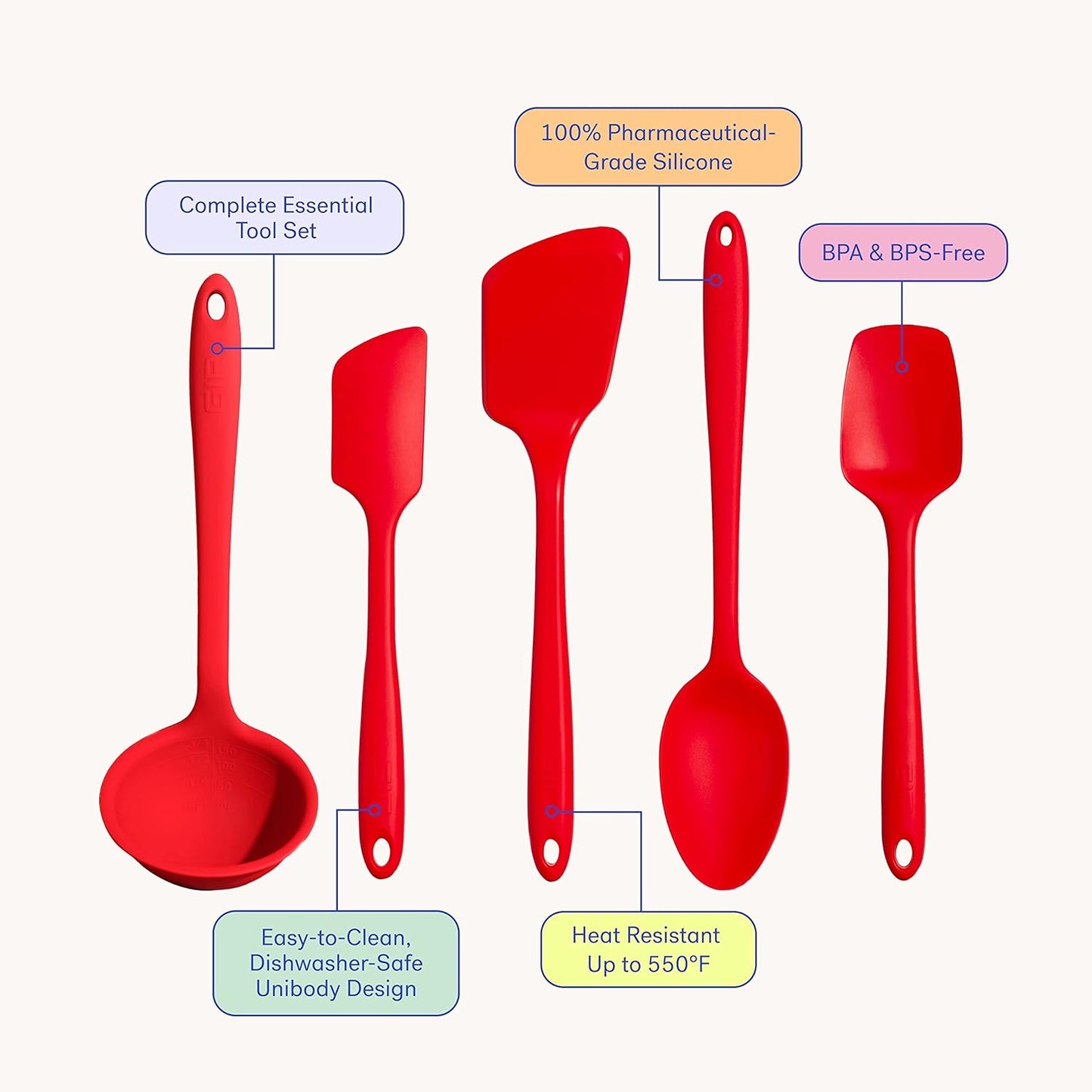 GIR: Get It Right 5-Piece Cooking Utensils Set - Red Silicone Kitchen Utensils - Heat-Resistant & Nonstick Tools - Spatula Set with Spoon, Ladle, Turner & Spoonula