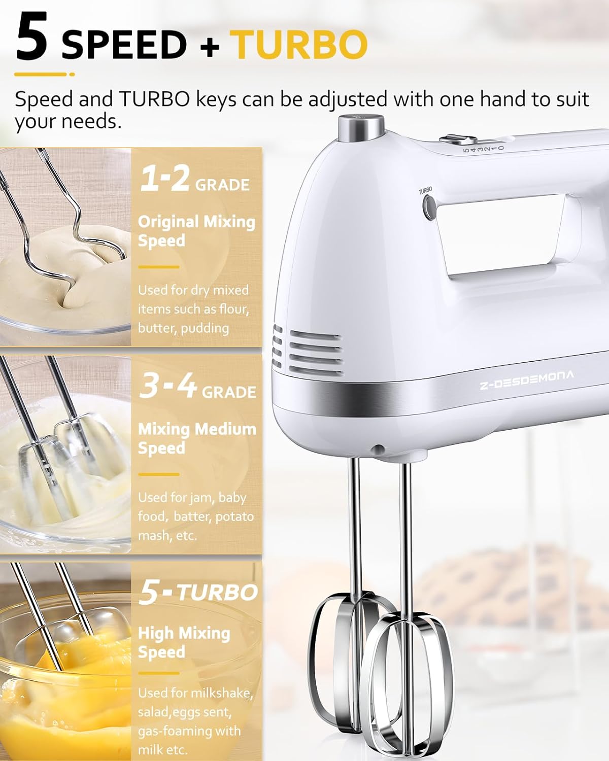 Electric Hand Mixer, Powerful 300W Hand Mixer Electric Handheld with 304 Beaters, Dough Hook,Hand Held Mixer with Turbo for Baking Cakes, Eggs, Cream Food(White)
