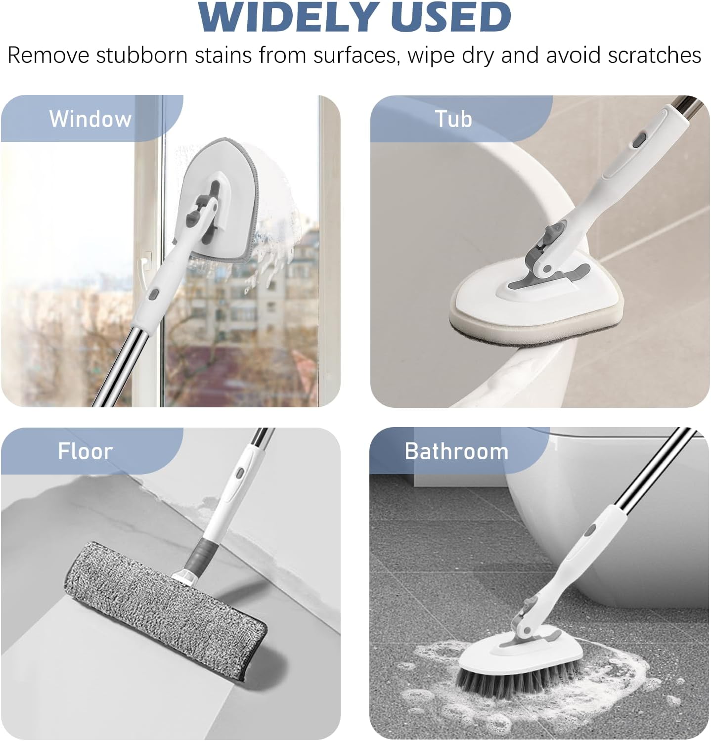SetSail 4-in-1 Tile Tub Floor Scrubber with 52-inch Adjustable Long Handle Shower Cleaner Brush Comes with Window Scrubber and 3 Replacement Brush Heads for Cleaning Bathroom Kitchen Tub Tile, White
