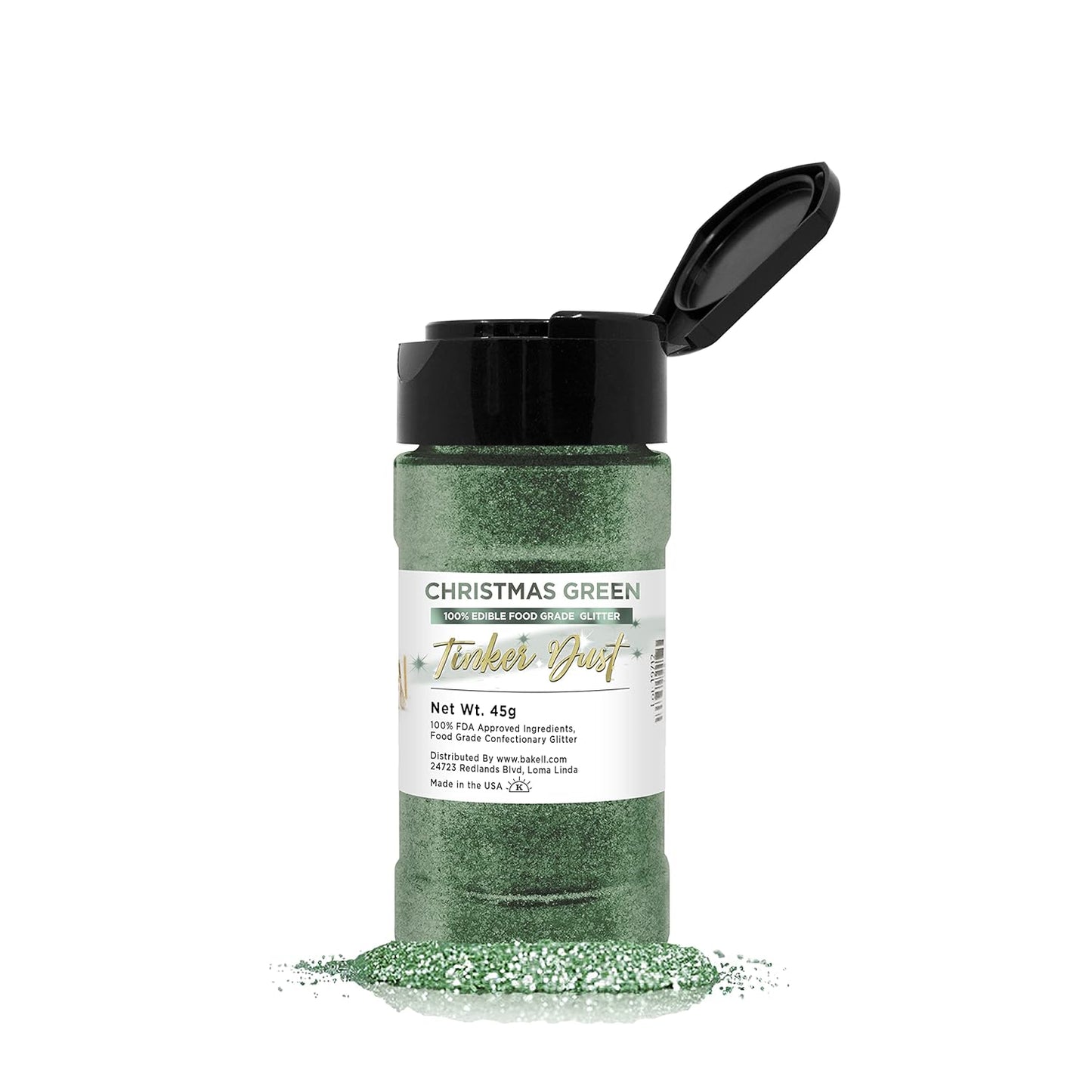 BAKELL Christmas Green Edible Glitter, 45 Grams | TINKER DUST Edible Glitter | KOSHER Certified | 100% Edible Glitter | Cakes, Cupcakes, Cake Pops, Drinks, Dessert Vegan Glitter & Dusts (45g Shaker, Christmas Green)