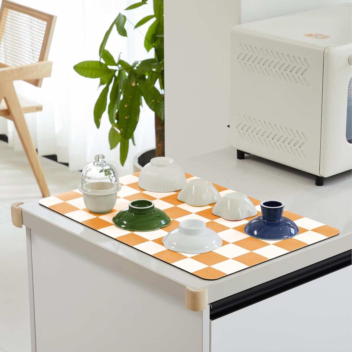 Checkered Dish Drying Mat for Kitchen Counter, Coffee Bar Station Accessories, Retro Cute Aesthetic Modern Absorbent Drainer Mat Kitchen Drying Mat Easy Clean, Orange 16" x 24"