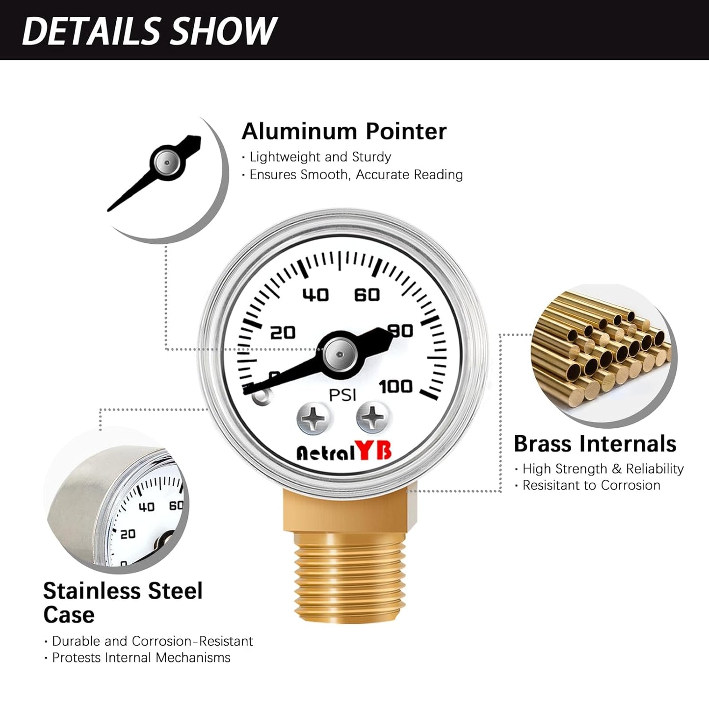 1 Inch Mini Pressure Gauge, 0-100 PSI Gauge, 1/8” NPT Lower Mount, Stainless Steel Case, Brass Internal, ±2.5% Accuracy, Pressure Gauge for Coffee Machines, Air Compressors, and Water Pumps