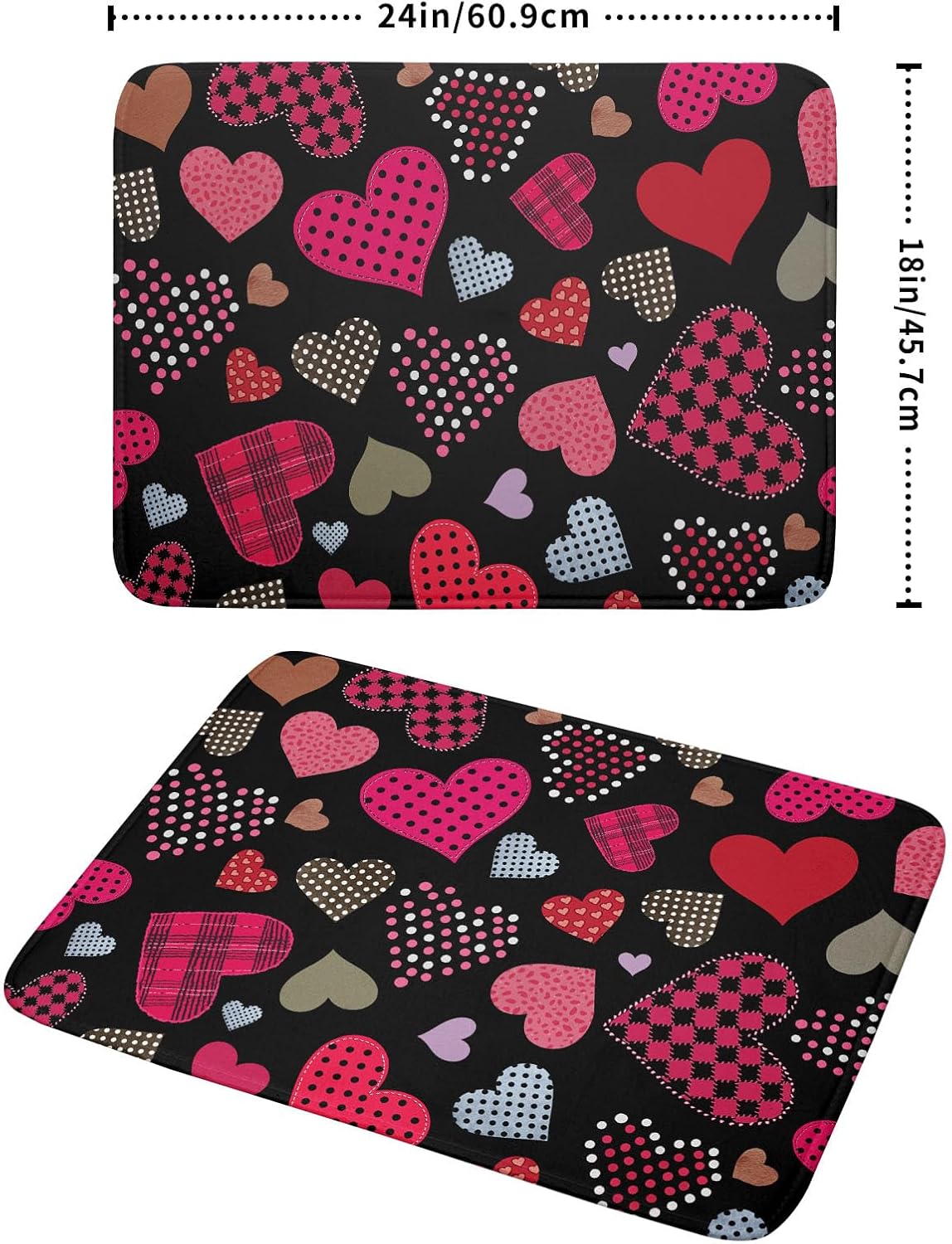 Happy Valentine's Day Black Dish Drying Mat for Kitchen Counter,Pink Love Heart Drying Mat 18 x 24 Inch with High Absorbent Microfiber Drainer Mat for Coffee Bar