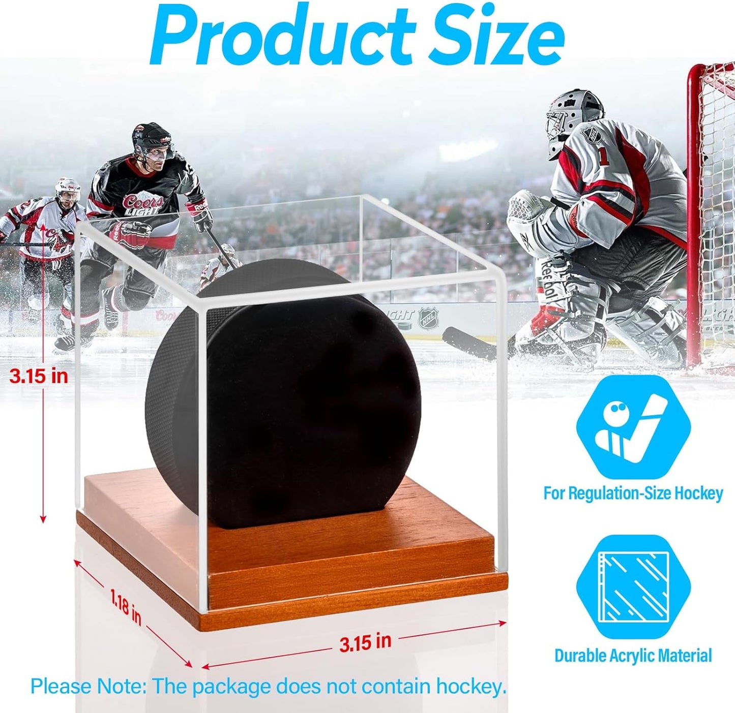 Hockey Puck Display Case, Pucks Display Cases with Wooden Base, Acrylic Clear Box - Hockey Memorabilia Storage Holder, for Enthusiasts & Collectors & Fans (1 Pack, Square)