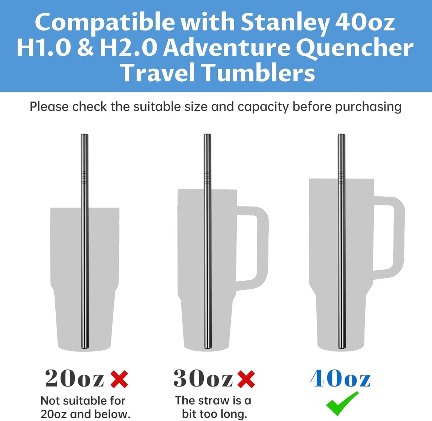 Tomorotec 8-Pack Stainless Steel Straws for Stanley Tumbler 40oz, 12" Metal Straws for Stanley Cup with Brush, Reusable Drinking Straws for Smoothies, Milkshakes, Dishwasher Safe and BPA-Free (Black)