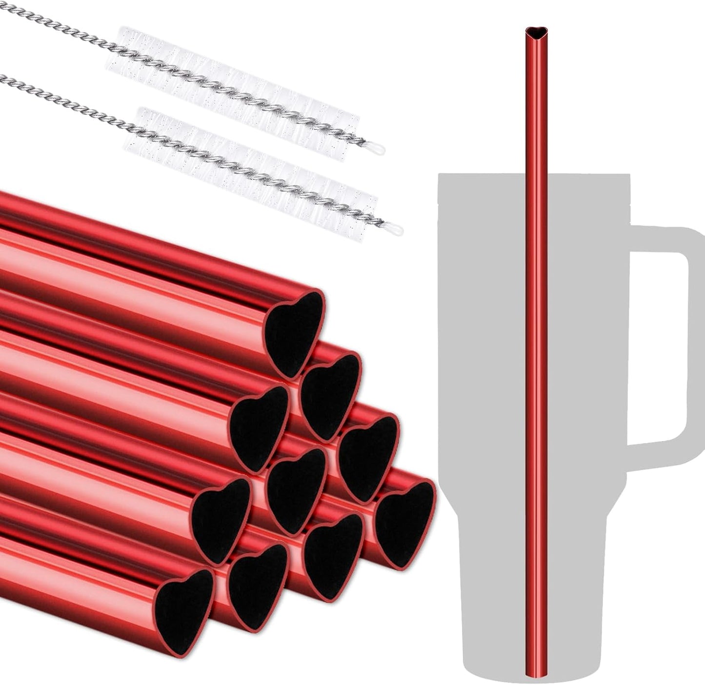 NiHome 10-Pack Heart-Shaped Stainless Steel Drinking Straws with 2 Cleaning Brushes, 12" Long Reusable Straws for Stanley Tumbler 30oz 40oz, Dishwasher Safe, Safe Edges for Kids (Pearl Red)