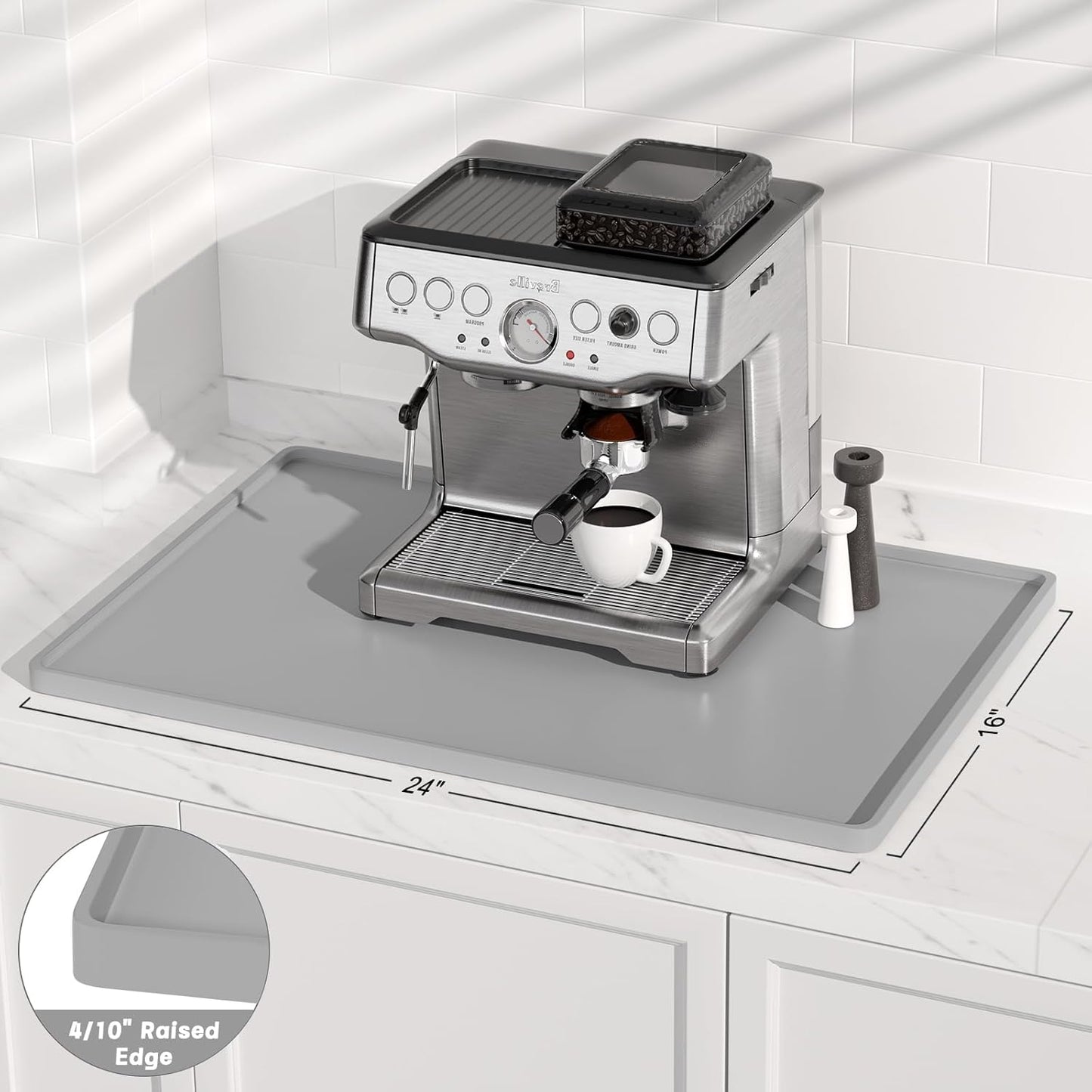 Rnivvi Silicone Coffee Mat, 16" x 24" Waterproof Raised Edge Coffee Bar Mats for Espresso Machine Station Accessories, Heat Resistant Dish Drying Pad for Kitchen Counter, Rubber Bar Decor Pad, Gray