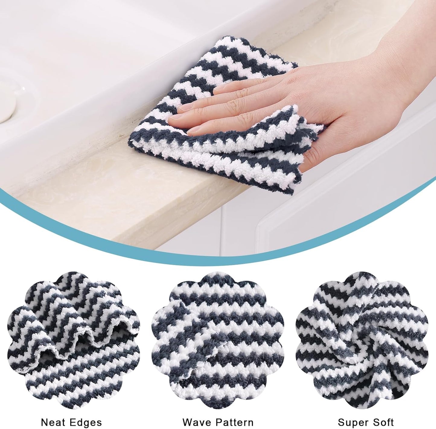 Homaxy 12 Pack Kitchen Dish Cloths, Ultra Soft and Absorbent Dish Towels, Reusable Fast Drying Microfiber Cleaning Cloth, Coral Velvet Wave Design No-lint, 10 x 10 inches, Dark Grey