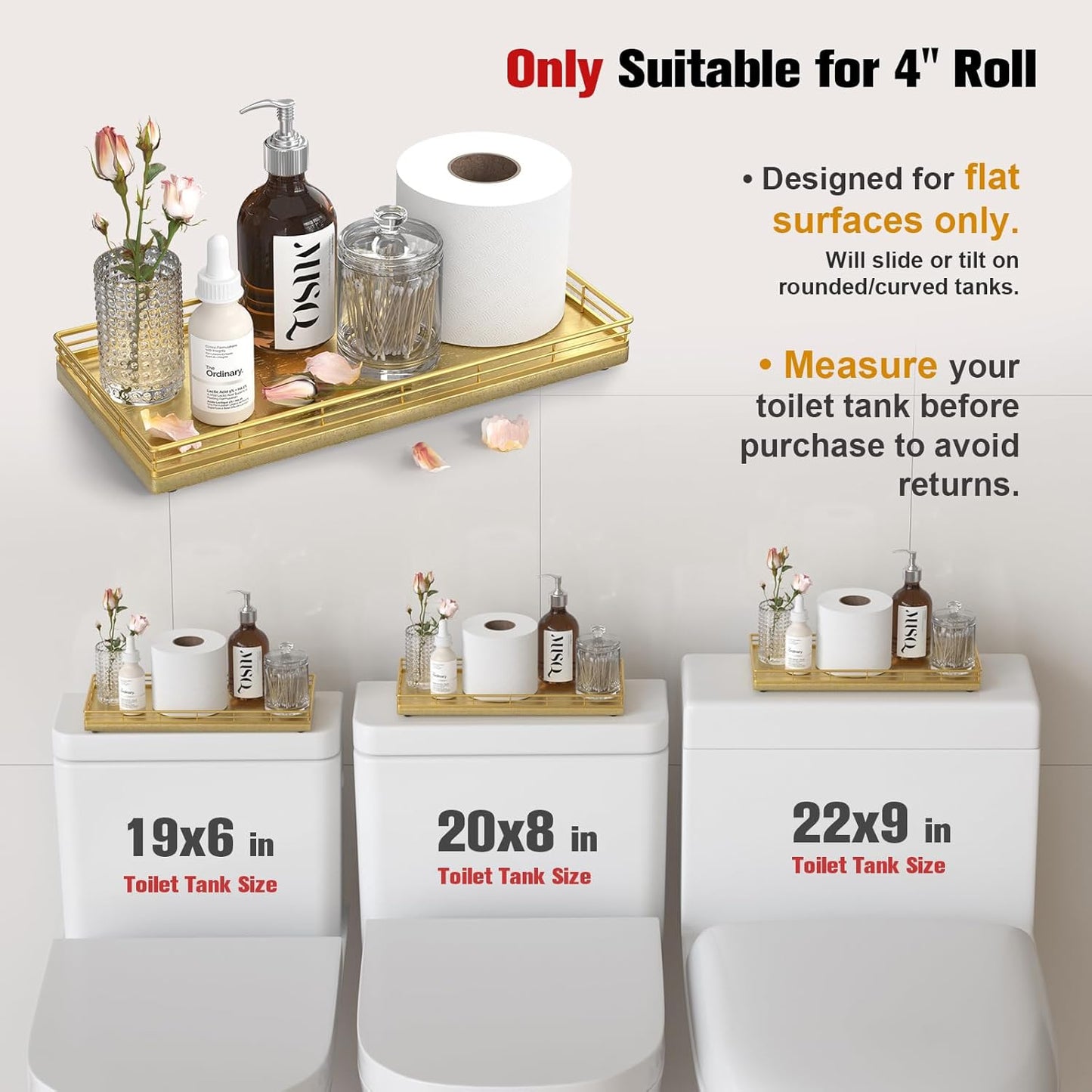 Oak Bathroom Toilet Tank Tray, 13" Wood Toilet Paper Storage Basket Back of Toilet Basket Organizer, Vanity Tray for Perfume Makeup Candle Kitchen Counter Coffee Table Decor, Gold