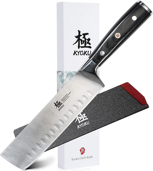 KYOKU Samurai Series - Nakiri Japanese Vegetable Knife 7" - Full Tang - Japanese High Carbon Steel Kitchen Knives - Pakkawood Handle with Mosaic Pin - with Sheath & Case
