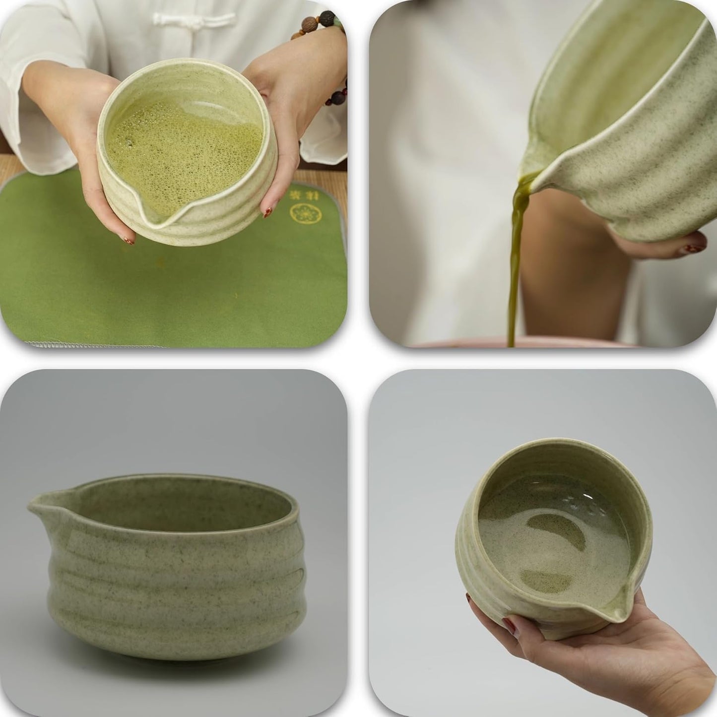 Matcha whisk Set,7 Pcs Matcha Making Kit with whisk Whisk, Ceramic Bowl, Sifter, Scoop, Holder, Stand, and Tea Towel for Ultimate Matcha Experience（Mottled Green）