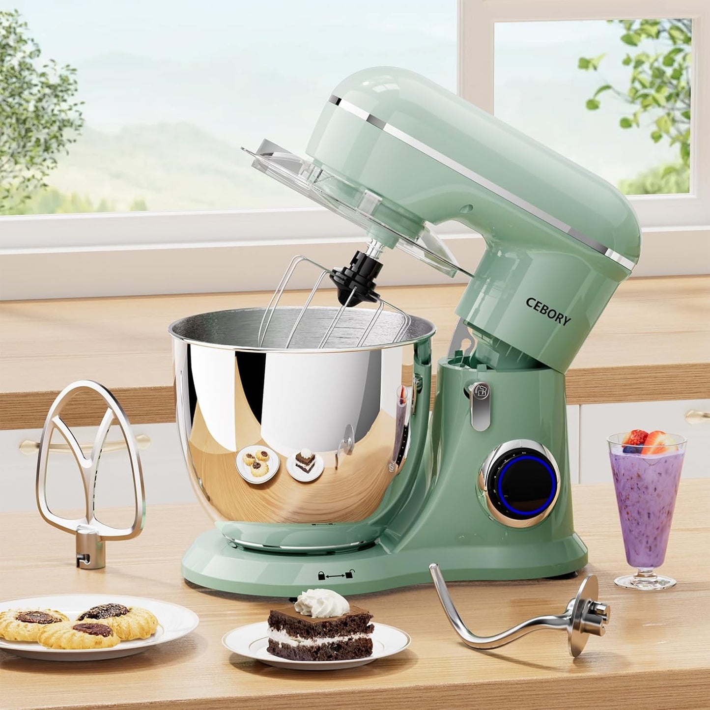 3-IN-1 Electric Stand Mixer, 6.5QT Bowl 660W 10-Speed Kitchen Mixer, Household Food Mixers include Dough Hook, Beater and Whisk, Bread Cake Mixer for Baking and Most Home Cooks, Agave Green
