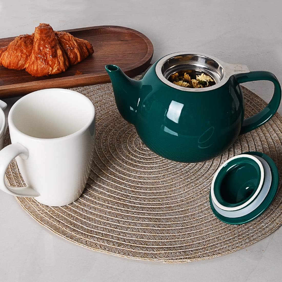Sweejar Porcelain Teapot with Removable Stainless Steel Infuser,Microwave & Dishwasher Safe Tea Pots for Loose Tea,Tea Infuser Pots for Chrismas Women Gift (30oz Jade)