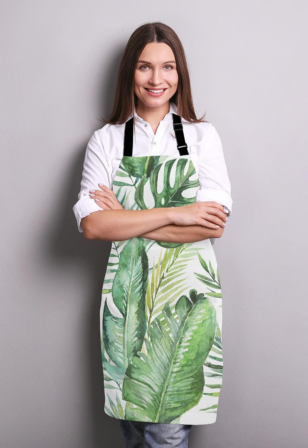 Green tropical palm & fern leaves Adjustable Bib Apron, Tropical Palm Leaves Cooking Kitchen Apron for Men Women
