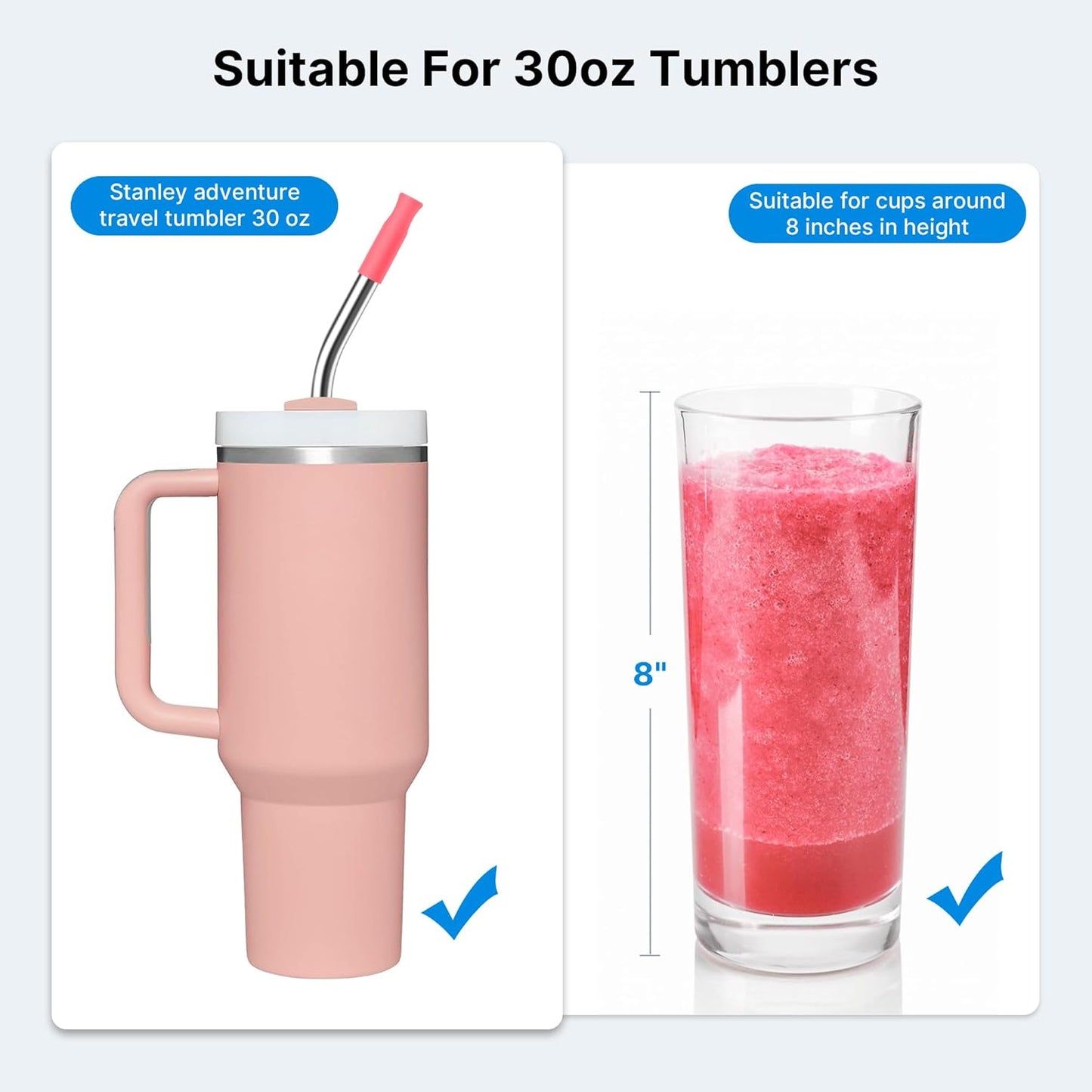 2 Pcs Stainless Steel Straw with Silicone Tips for 40 oz Stanley Tumbler, Repeatable 40 oz Metal Straws for Stanley Adventure Quencher Travel Tumbler Cup, BPA Free（Pink Dusk）