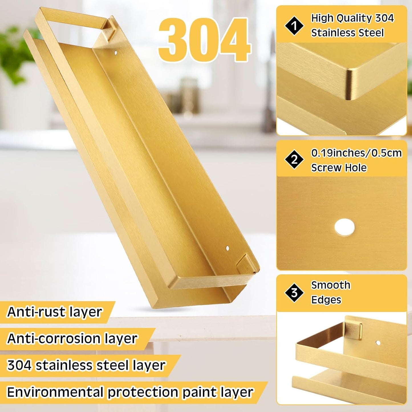 Lallisa 2 Pieces Stainless Steel Shelf Bathroom Shower Floating Shelves Wall Mounted Shower Caddy Basket Shelf Storage Organizer Shelves for Bathroom, Kitchen, Living Room (15.75 Inch/ 40 cm,Gold)