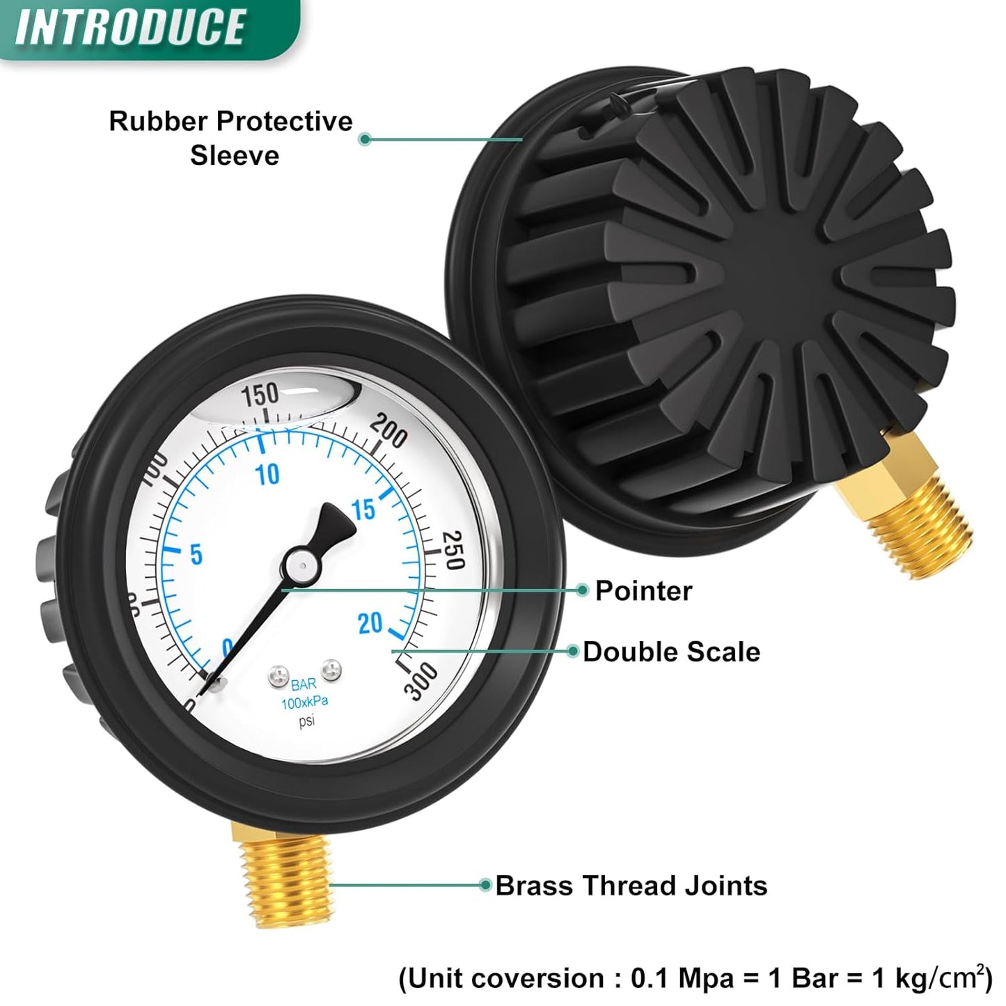 0-300PSI Stainless Steel Liquid Filled Pressure Gauge, 2.5" Dial Size, 1/4" NPT Lower Mount, with Rubber Protective Sleeve, for Tube, Water Pump, Gas, Liquid, Pressure Test