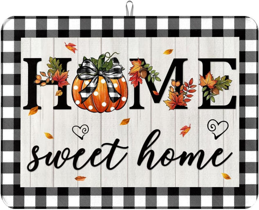 Autumn Fall Drying Mat Kitchen Countertop Pumpkin Black And White Check sweet Home 18 X 24 Inch Kitchen Coffee Bar Decoration, Absorbent Drying Mat
