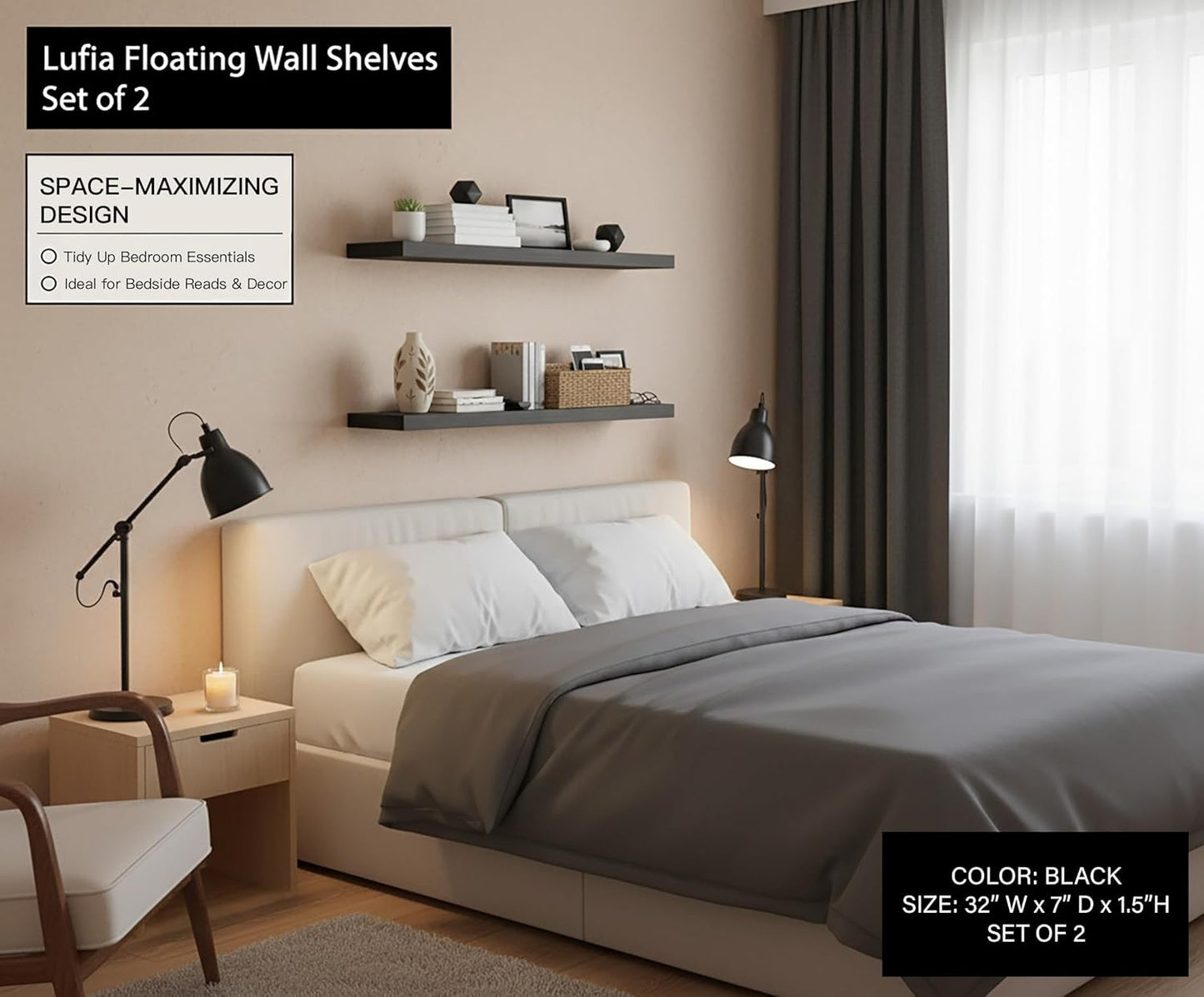 Lufia Floating Wall Shelves, Set of 2, MDF with Invisible Brackets, Modern Storage for Bedroom, Bathroom, Living Room, Kitchen (Black, 32" W x 7" D x 1.5" H)