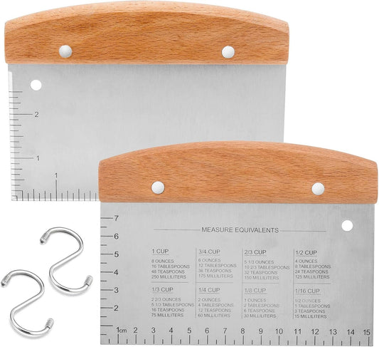 Bench Scraper Set of 2, HaSteeL Metal Dough Scraper Cutter Pastry Chopper with Wooden Handle, Heavy Duty Stainless Steel Griddle Scraper with Measuring Marks for Cooking Baking Grilling