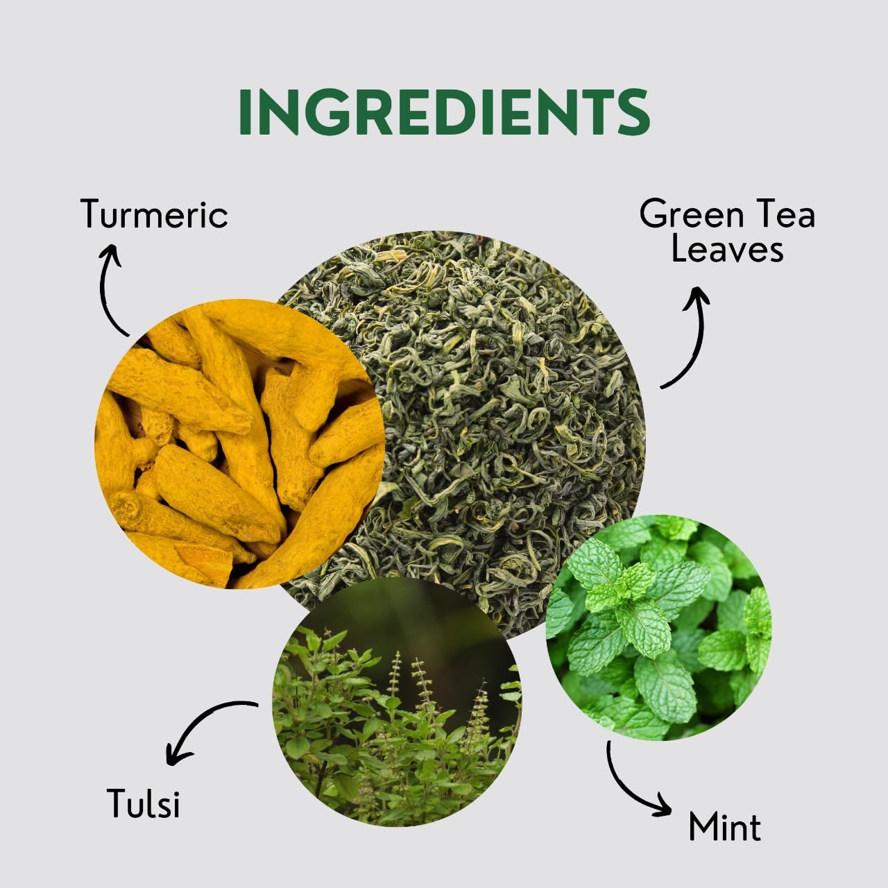Turmeric Tulsi Tea Bags (50 Count), Green Tea with Turmeric & Peppermint, Stress Relieving, Low Caffeine Gluten Free, Whole Loose-Leaf Pyramid Tea Bags