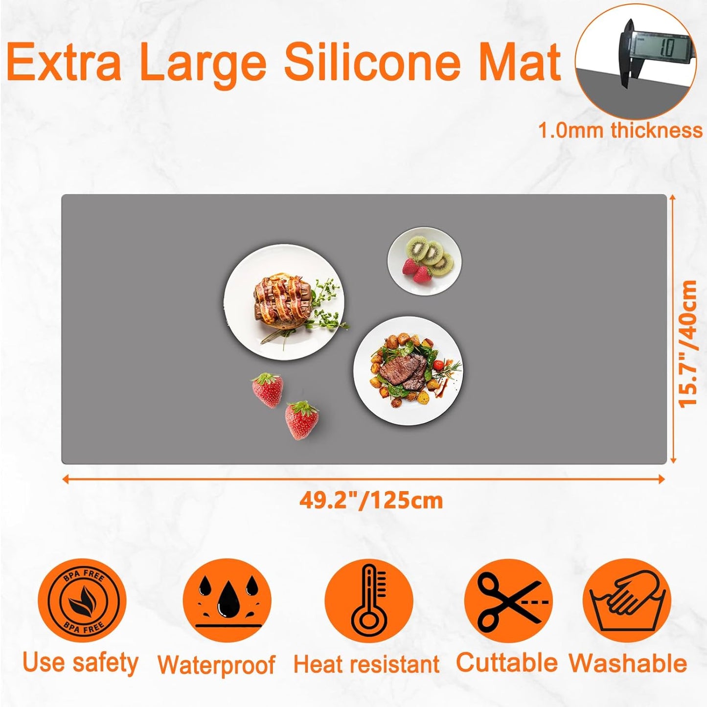 49.2''x15.7''(125cmx40cm) Extra Large Silicone Mat, Silicone Mats for Kitchen Countertop, Heat Resistant Mat Kitchen Island Countertop Protector, Waterproof Kitchen Counter Mats, Black