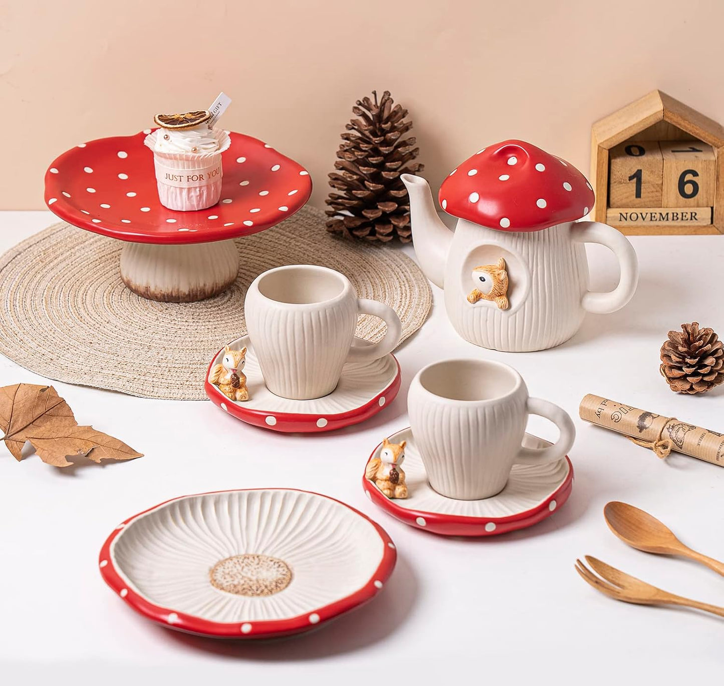 Cute Mushroom Teapot, Handmade Glaze Polka Dot Lid, Safety Matt Ceramic Tea Pot, With squirrel decoration. 23 oz / 680 ml. Best Gifts for Women & Girls.