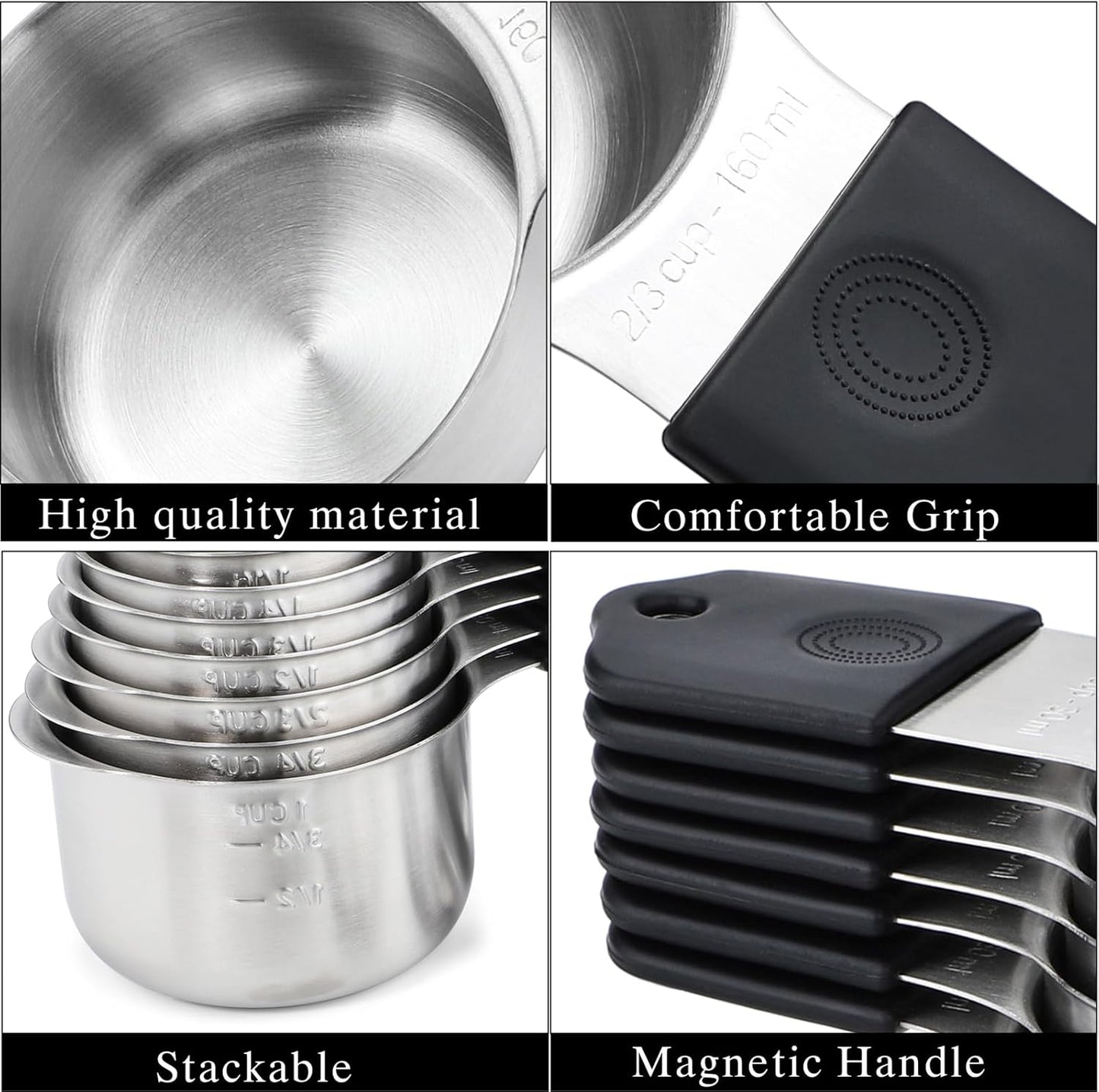 Magnetic Measuring Cups and Spoons Set Including 7 Stainless Steel Measuring Cups 8 Double Sided Magnetic Measuring Spoons Set with 1 Leveler Kitchen Tools for Cooking Baking (Black)
